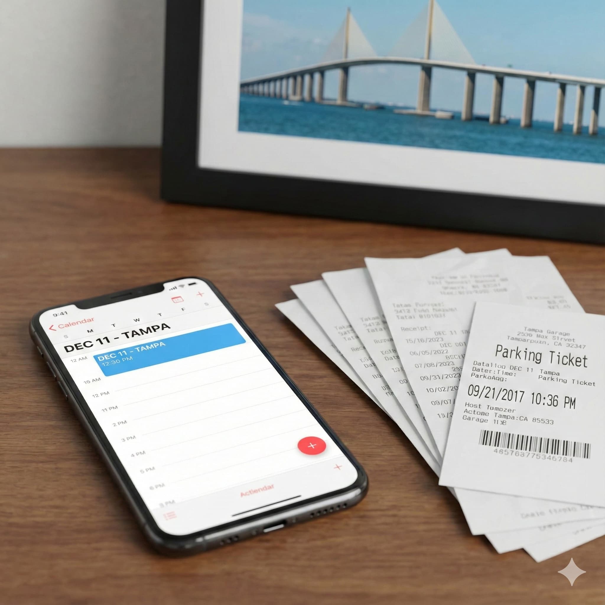 calendar on a cell phone, receipts and a photo