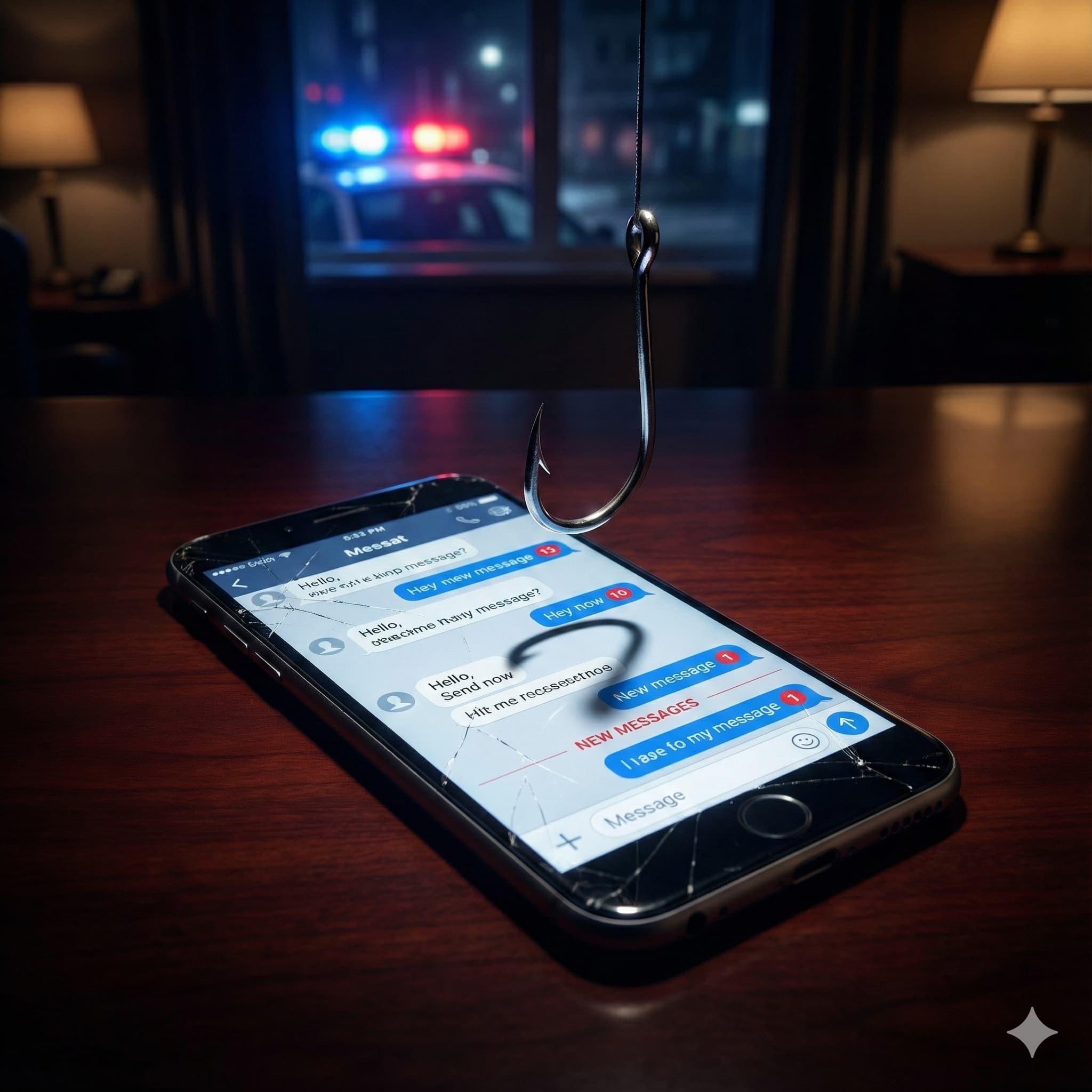 Cell phone with chat going and a fish hook on top