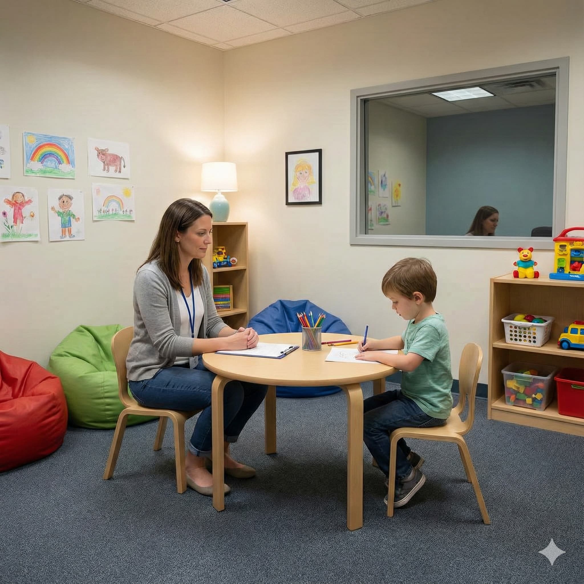 Forensic Interview sitting at a child friendly table in a child friendly room with a child at the table