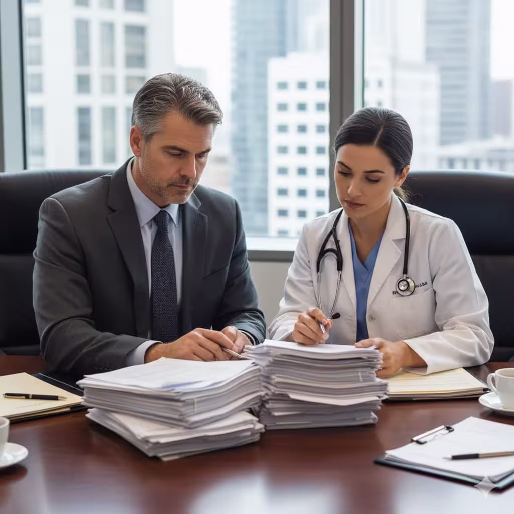 Doctor and attorney reviewing medical records together