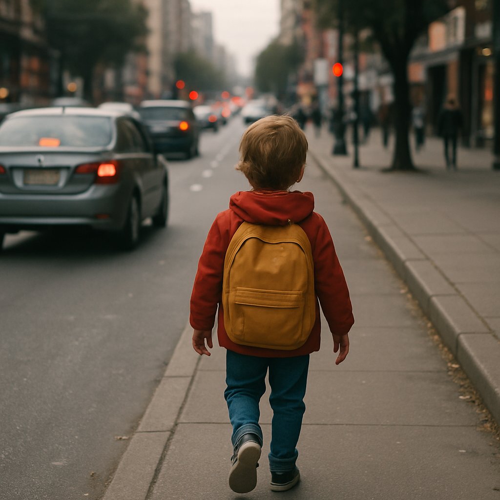 Child walking alone on a busy sidewalk and street