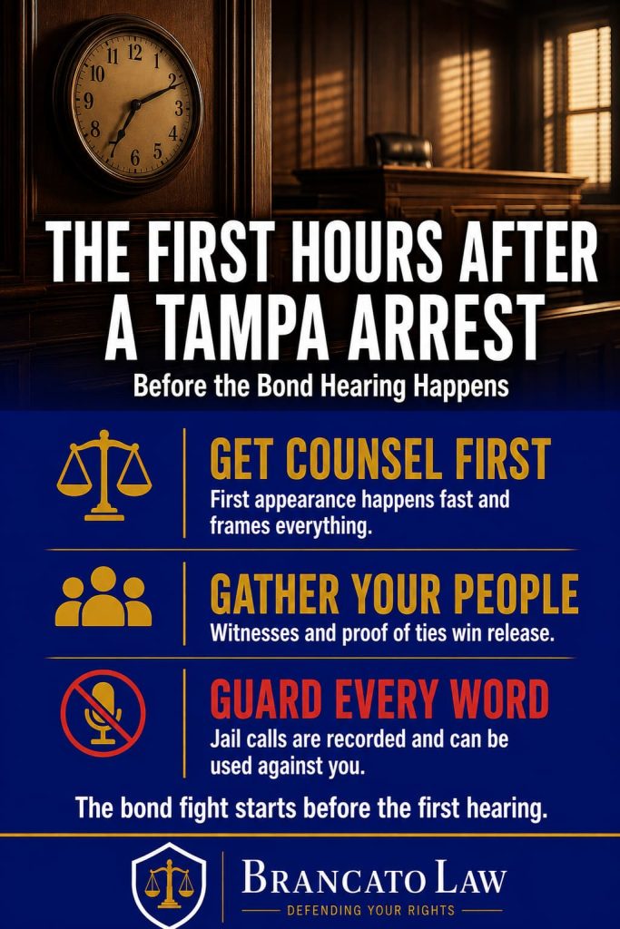 First hours after a Tampa arrest infographic by The Brancato Law Firm, P.A. — get counsel before first appearance, gather witnesses and proof of community ties, and guard every word on recorded jail calls.