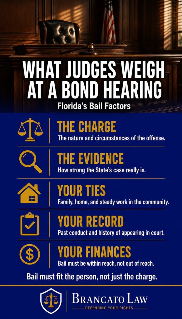 Florida bail factors infographic by The Brancato Law Firm, P.A. — judges weigh the charge, the strength of the evidence, community ties, past conduct, and the defendant's financial resources when setting bond.