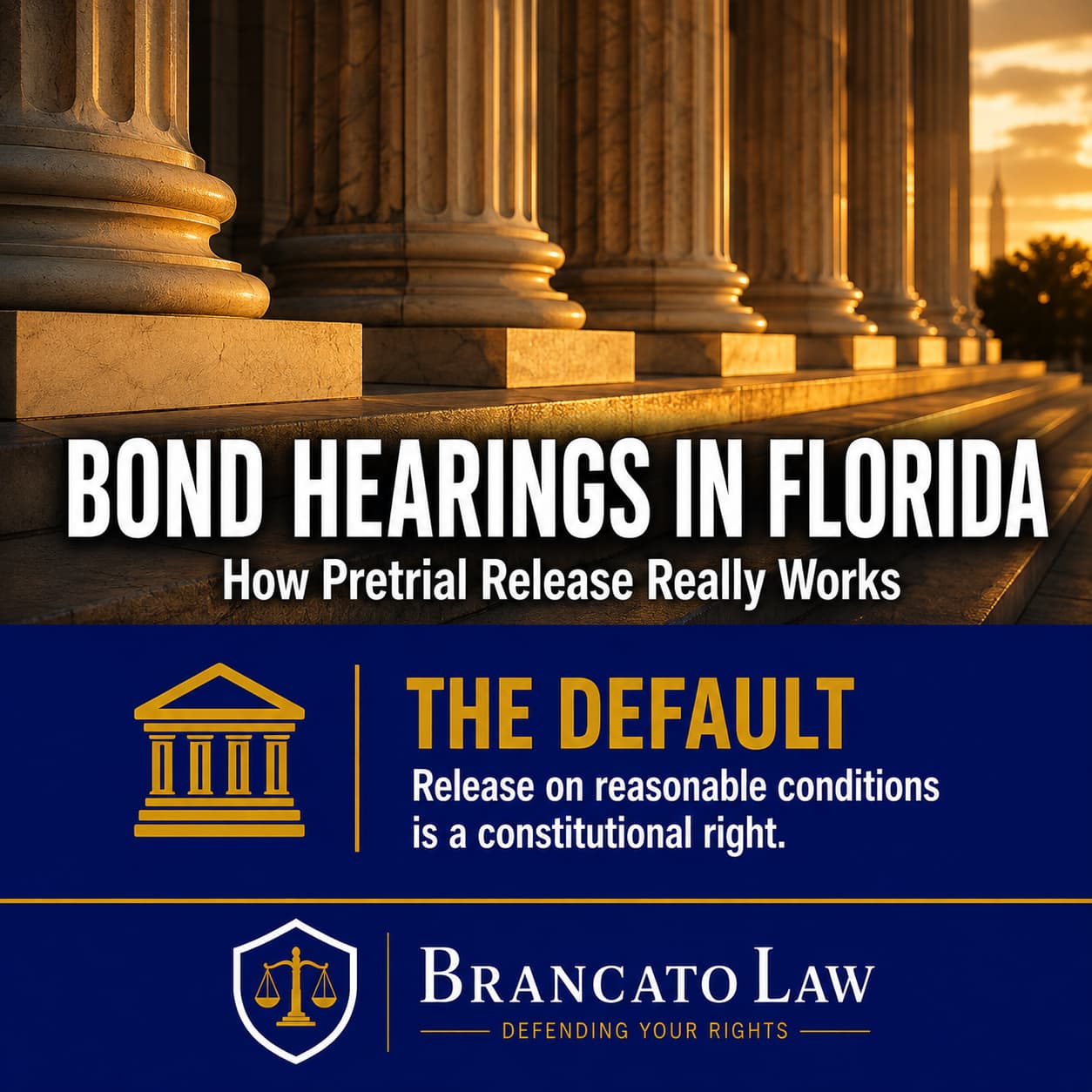 Bond hearing in Florida infographic by The Brancato Law Firm, P.A. — pretrial release on reasonable conditions is the constitutional default for most criminal charges.