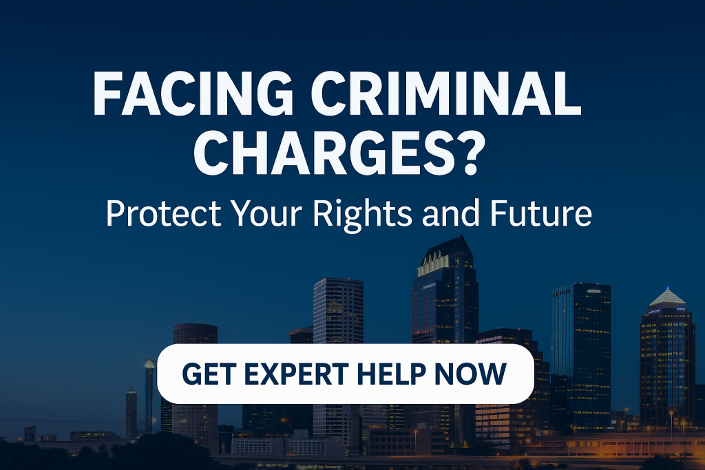 Visual of Tampa Skyline with the words "Facing Criminal Charges? Protect Your Rights and Future" Tampa Criminal Defense Attorney
