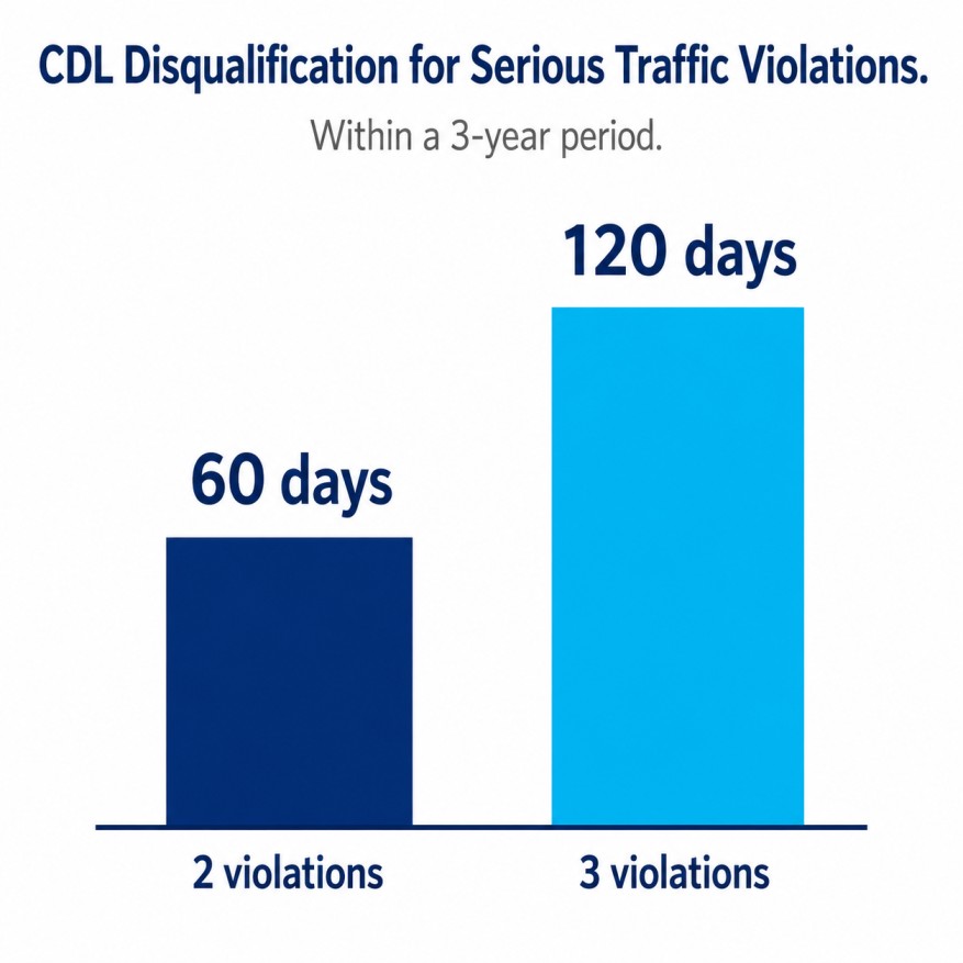 Bar chart showing 60-day CDL disqualification for two serious violations and 120 days for three within three years