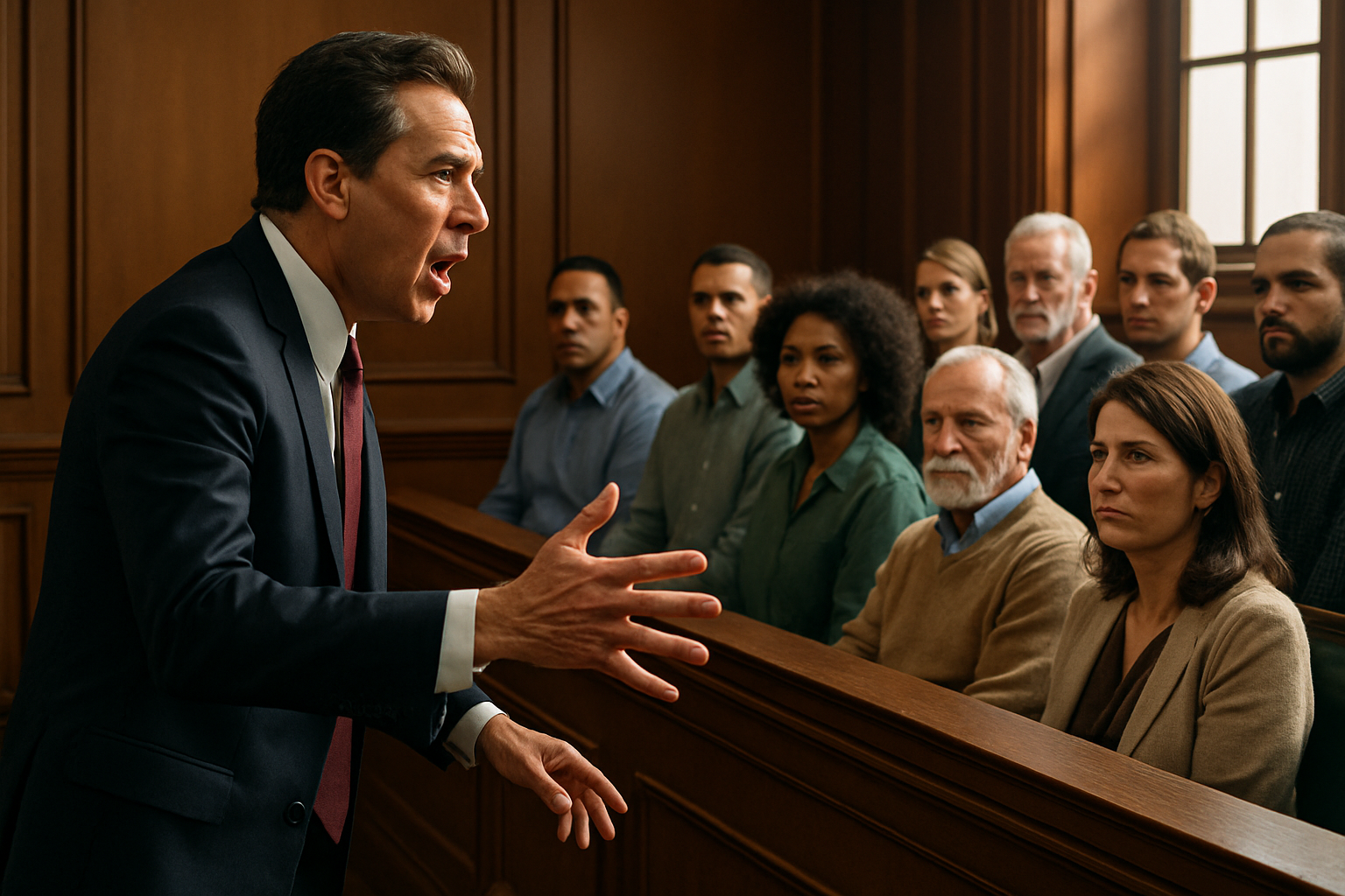 Attorney arguing passionately to a jury
