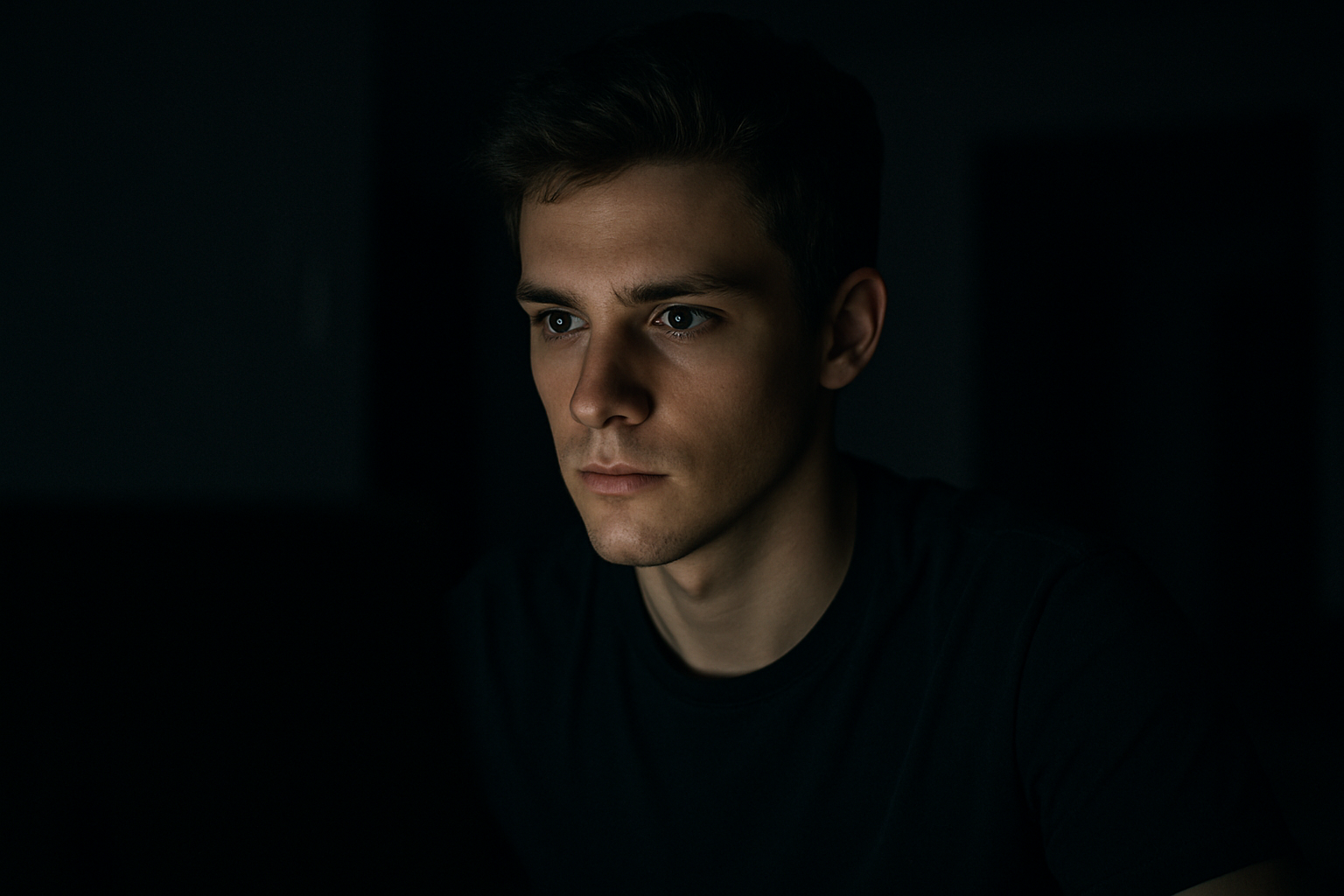 Man's face illuminated by computer screen