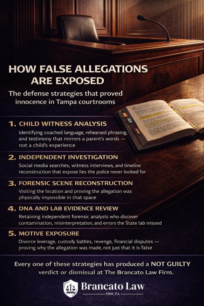 
Infographic by Tampa sex crimes defense attorney Rocky Brancato of The Brancato Law Firm, P.A. showing five strategies for exposing false sex crime allegations. Child witness analysis identifies coached language and rehearsed testimony. Independent investigation exposes lies through social media searches and timeline reconstruction. Forensic scene reconstruction proves allegations were physically impossible. DNA and lab evidence review discovers contamination and errors. Motive exposure proves why the allegation was fabricated including divorce leverage, custody battles, and revenge.