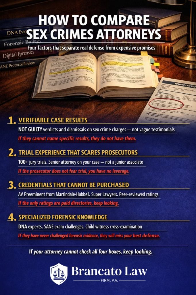 
Infographic by Tampa sex crimes defense attorney Rocky Brancato of The Brancato Law Firm, P.A. showing four factors for comparing sex crimes attorneys. Factor one is verifiable case results including NOT GUILTY verdicts and dismissals on sex crime charges. Factor two is trial experience with 100 or more jury trials and a senior attorney handling the case. Factor three is credentials that cannot be purchased including AV Preeminent rating and Super Lawyers selection. Factor four is specialized forensic knowledge including DNA expert networks, SANE exam challenges, and child witness cross-examination experience.