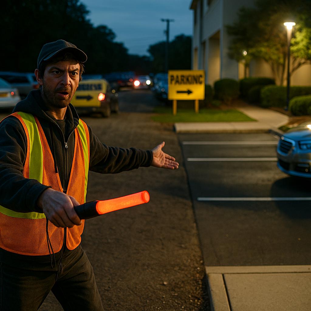 Shady guy directing people to his bad parking spot with a cone