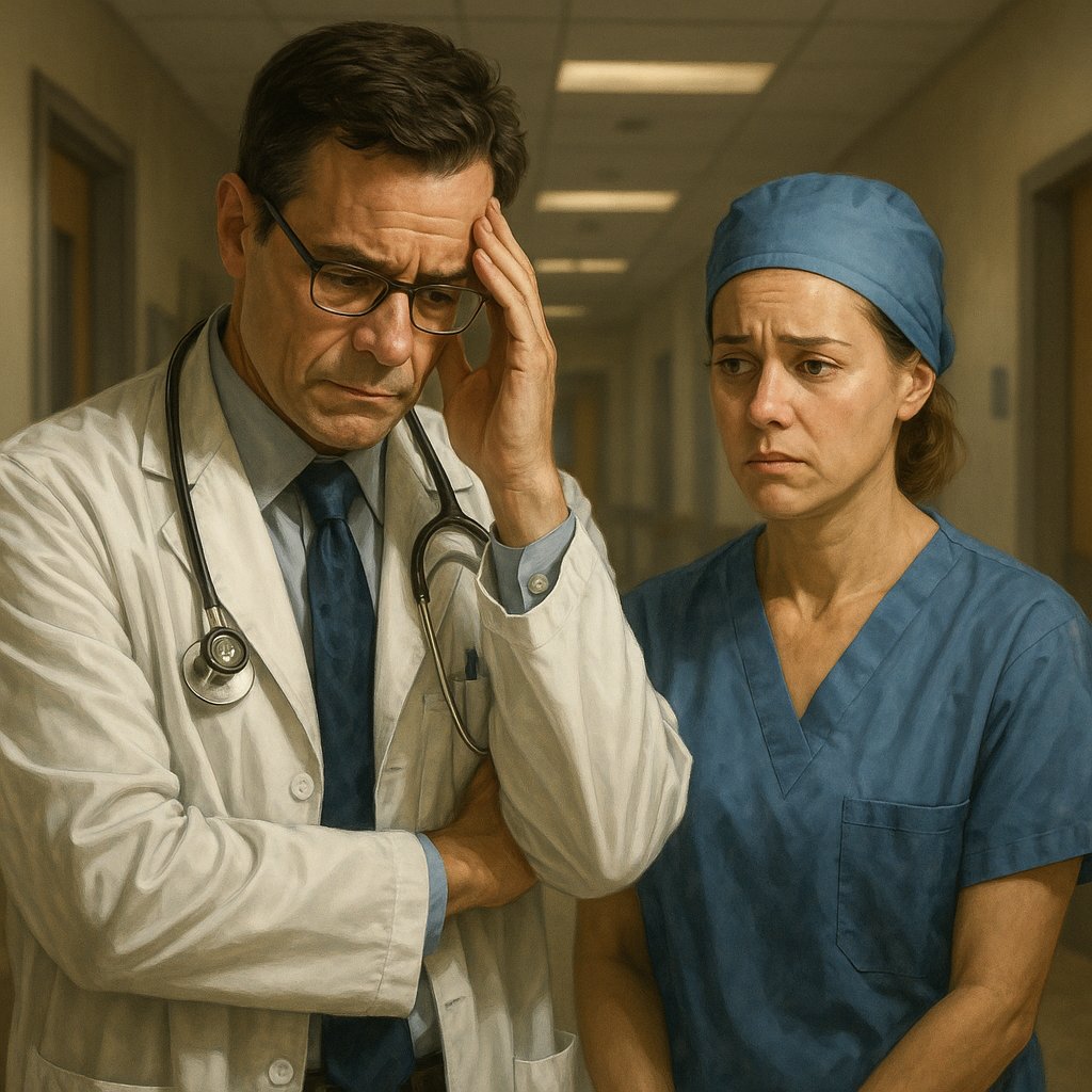 Doctor at the hospital standing next to nurse worrying about how to get through an impending investigation