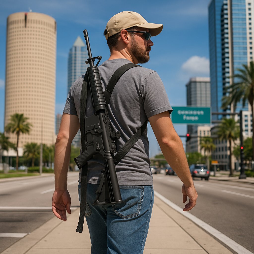 Man with gun strapped to his back
