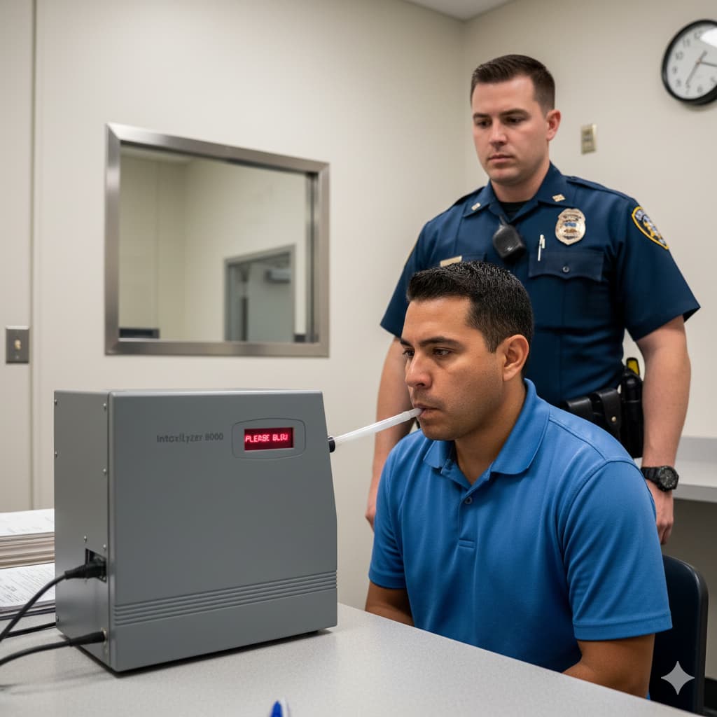 Man blowing into Intoxilzer