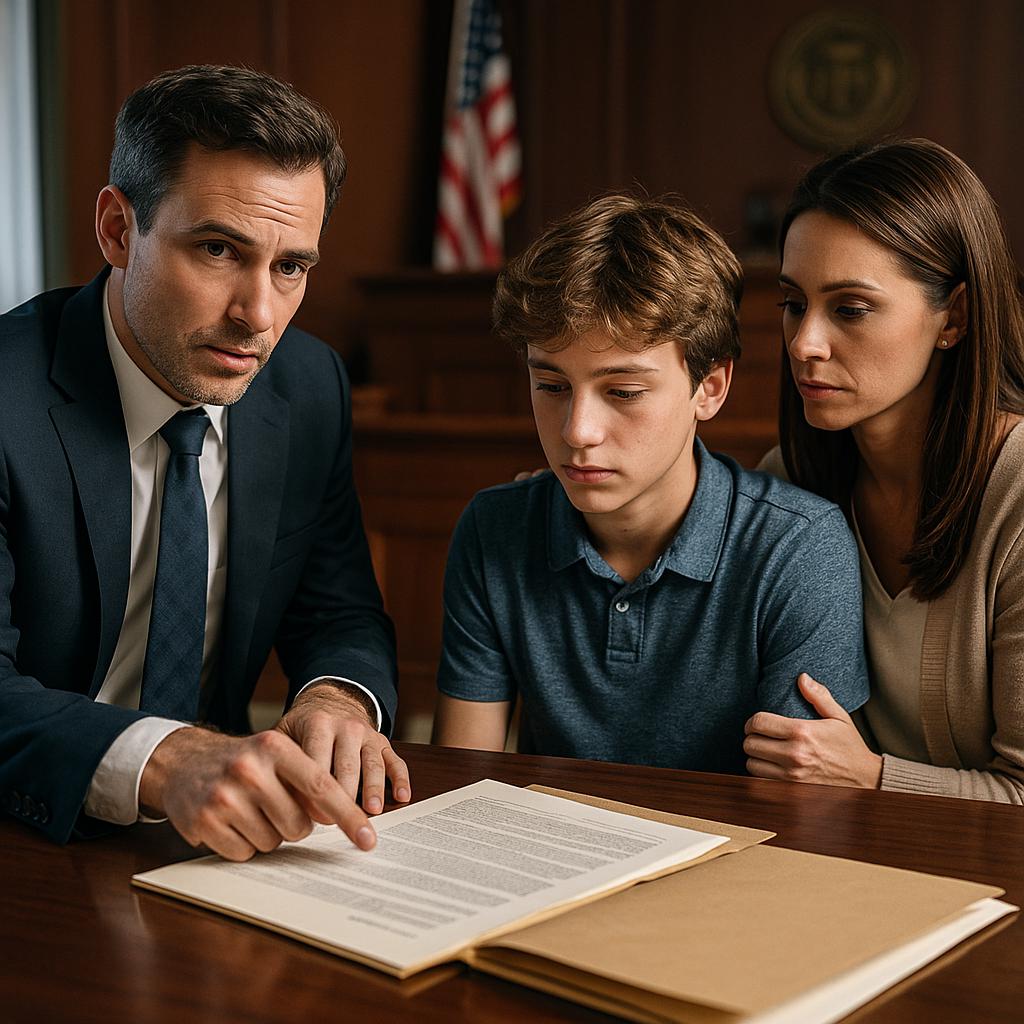 Mother holding child while attorney points to juvenile record