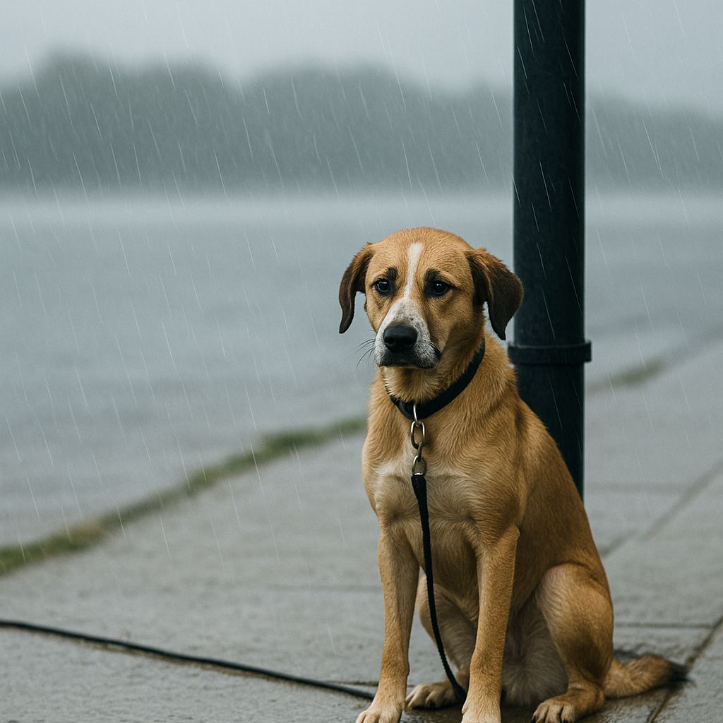 Dog tied to a post in the rain.