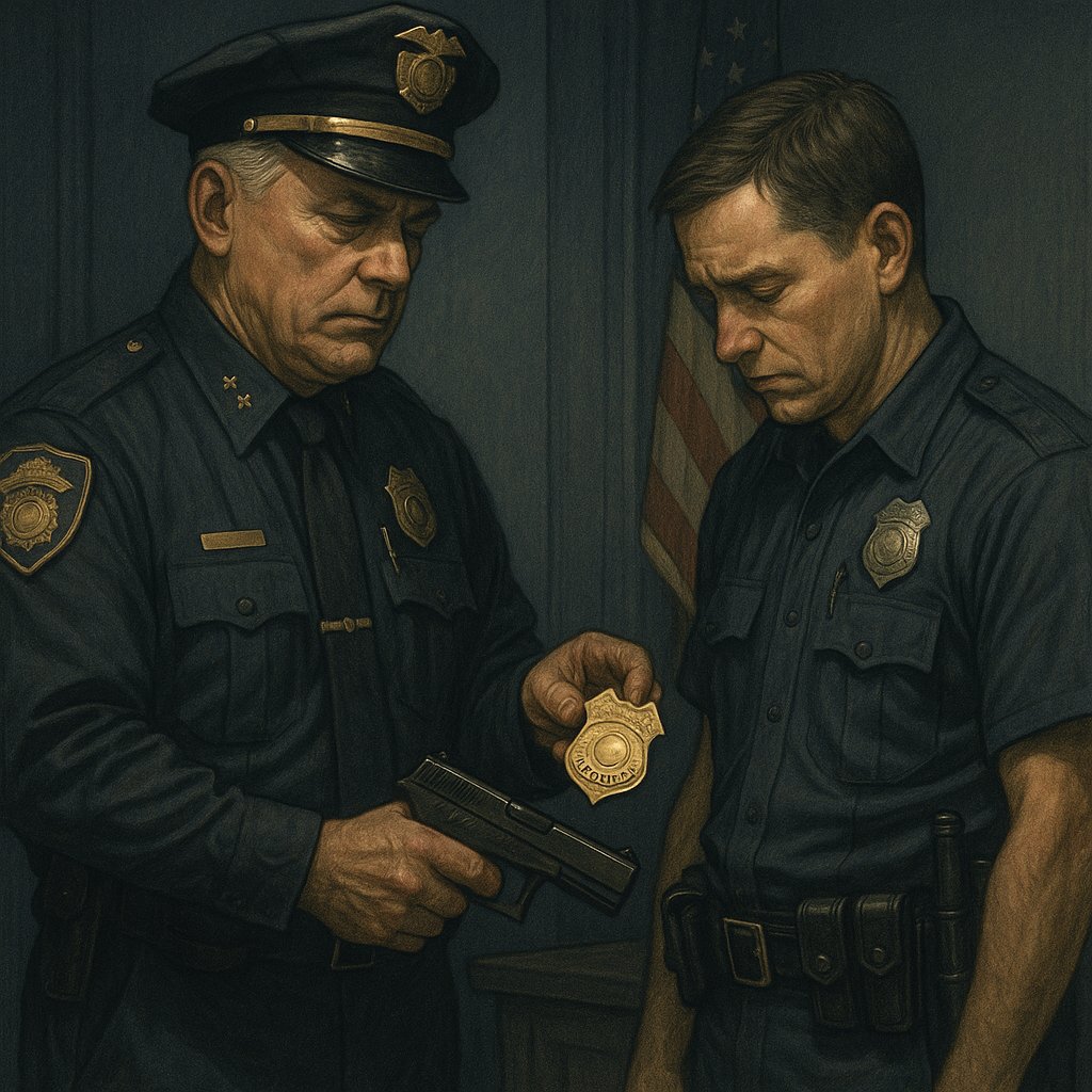 Chief of police taking badge and gun from officer who is in trouble with the law