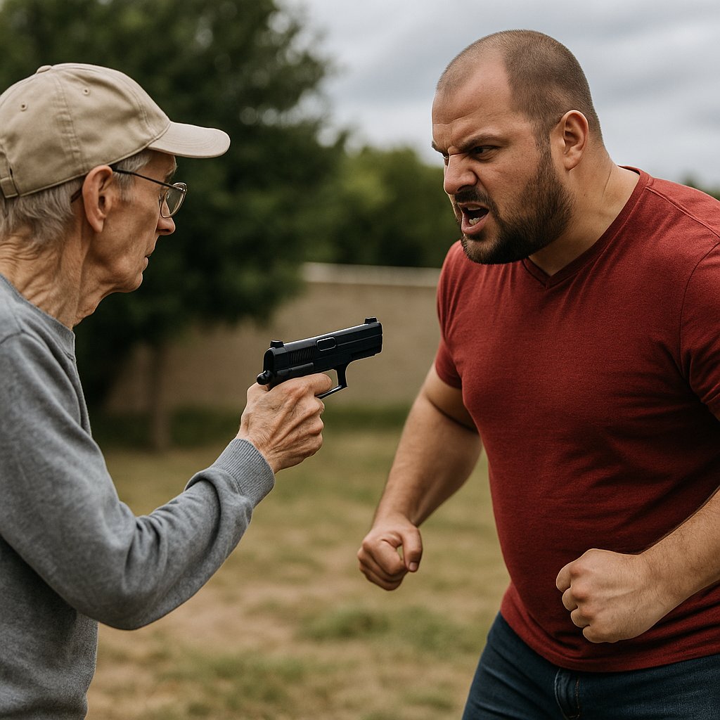 Frail older man pointing gun at aggressive bully.