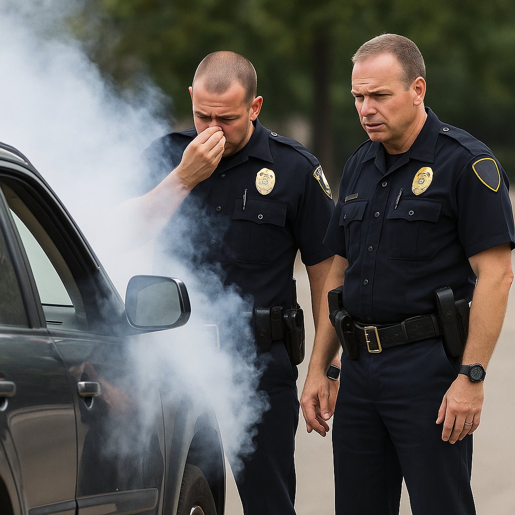 Two officers standing outside of a car with smoke coming out, holding nose