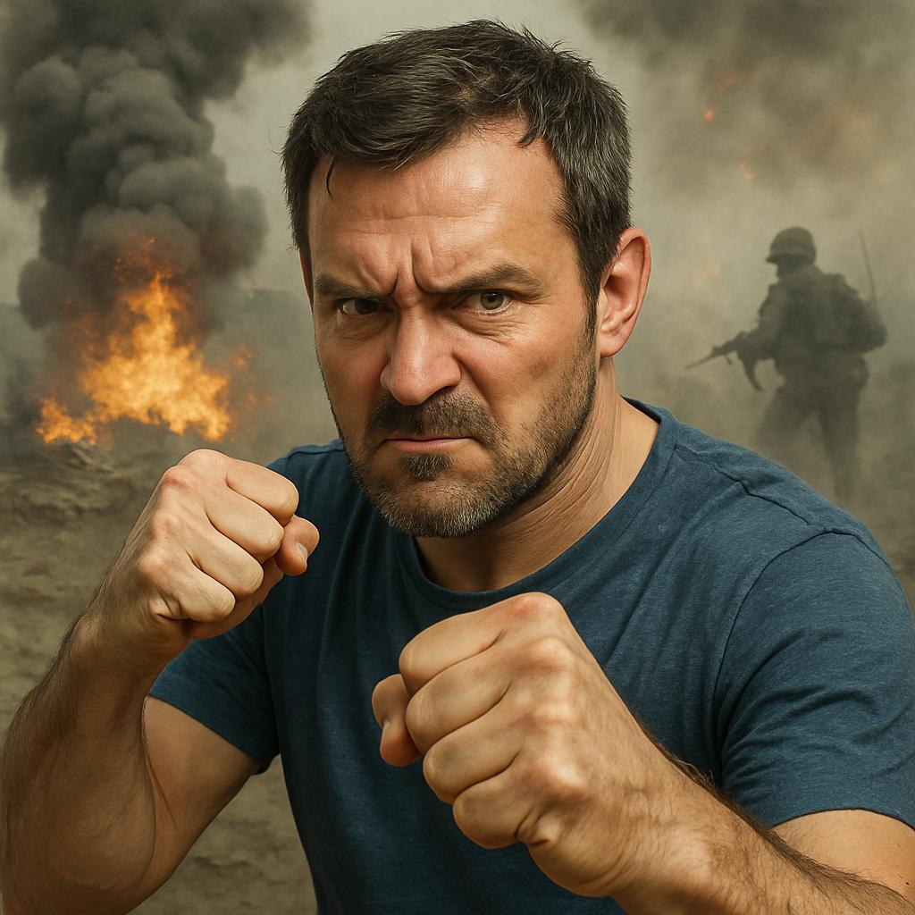 Man in fighting stance and angry and dropped in a traumatic battle scene from war