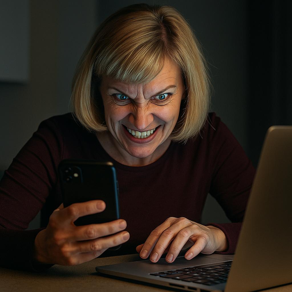 Gossipy witness on social media on her phone.