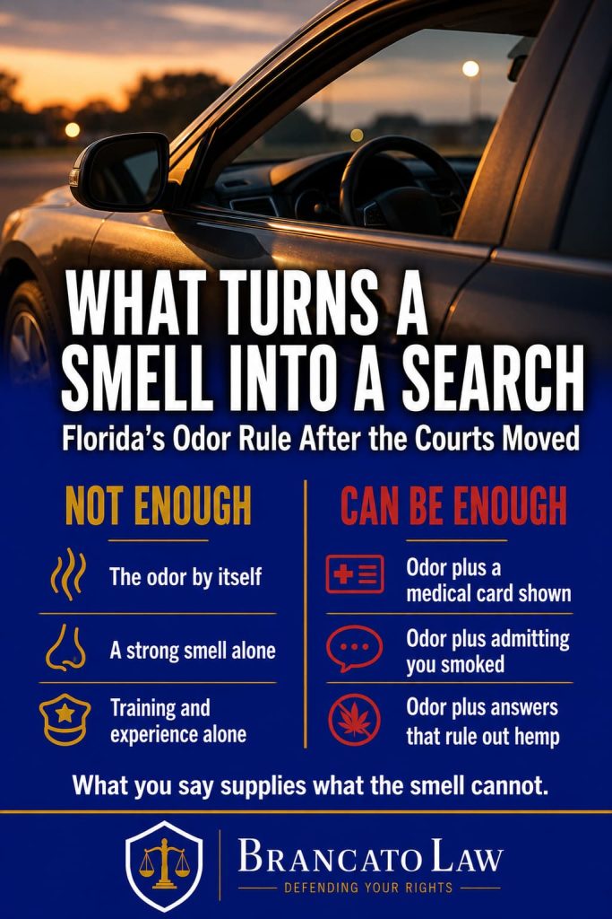 Cannabis odor probable cause infographic by The Brancato Law Firm, P.A. — odor alone is not enough to search a car in the Tampa Bay area, but odor plus a medical marijuana card, an admission of smoking, or answers ruling out hemp can be.