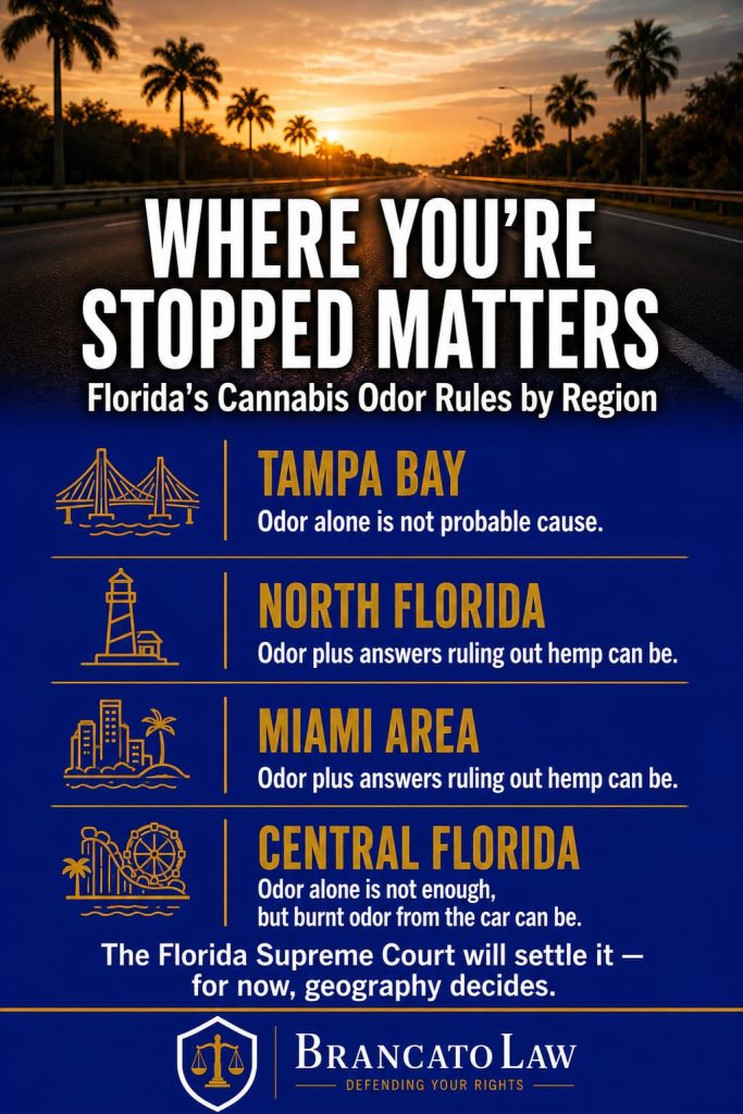 Florida cannabis odor search rules by district infographic by The Brancato Law Firm, P.A. — odor alone is not probable cause in the Tampa Bay area, while other Florida districts uphold searches where odor is combined with answers ruling out hemp or with burnt odor from the vehicle.