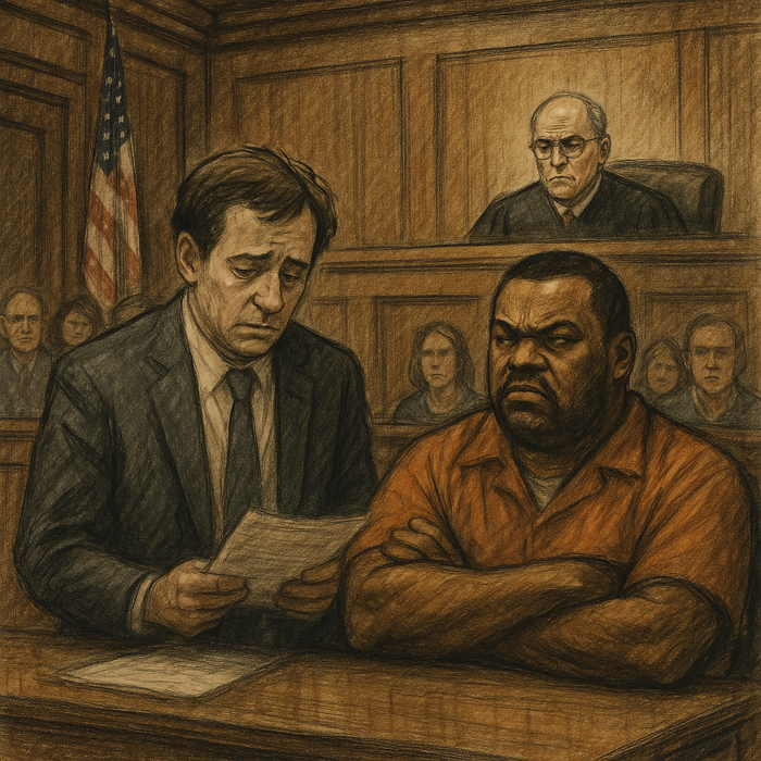 Client sitting at the table angry he chose the wrong homicide attorney