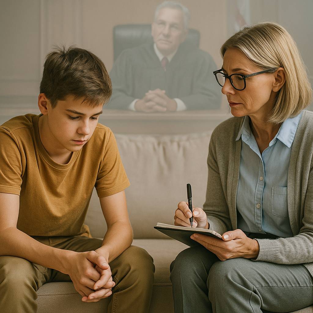Child in therapy session with counselor, with judge overlay in background – Rehabilitation Plan Hillsborough County