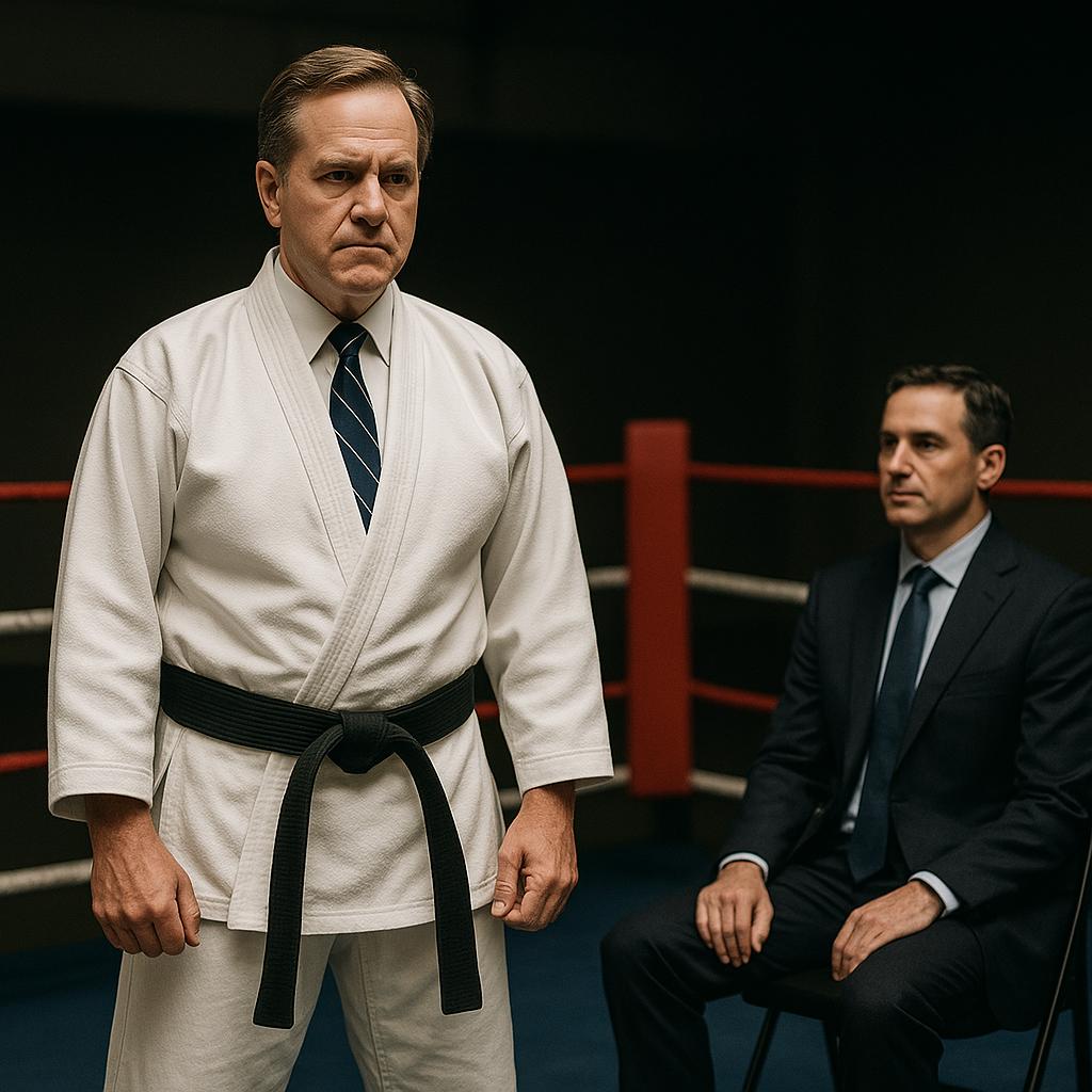 Blackbelt attorney in fight ready stance while non fighter sits and watches