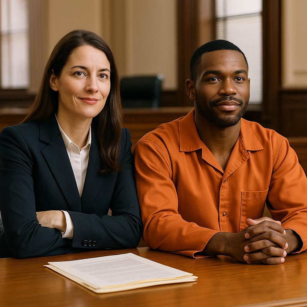 Lower and client sitting at trial desk, confidentily knowing they have nothing to loose.