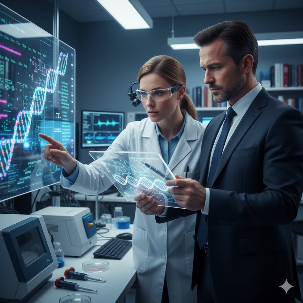 Attorney and scientist reviewing DNA in lab