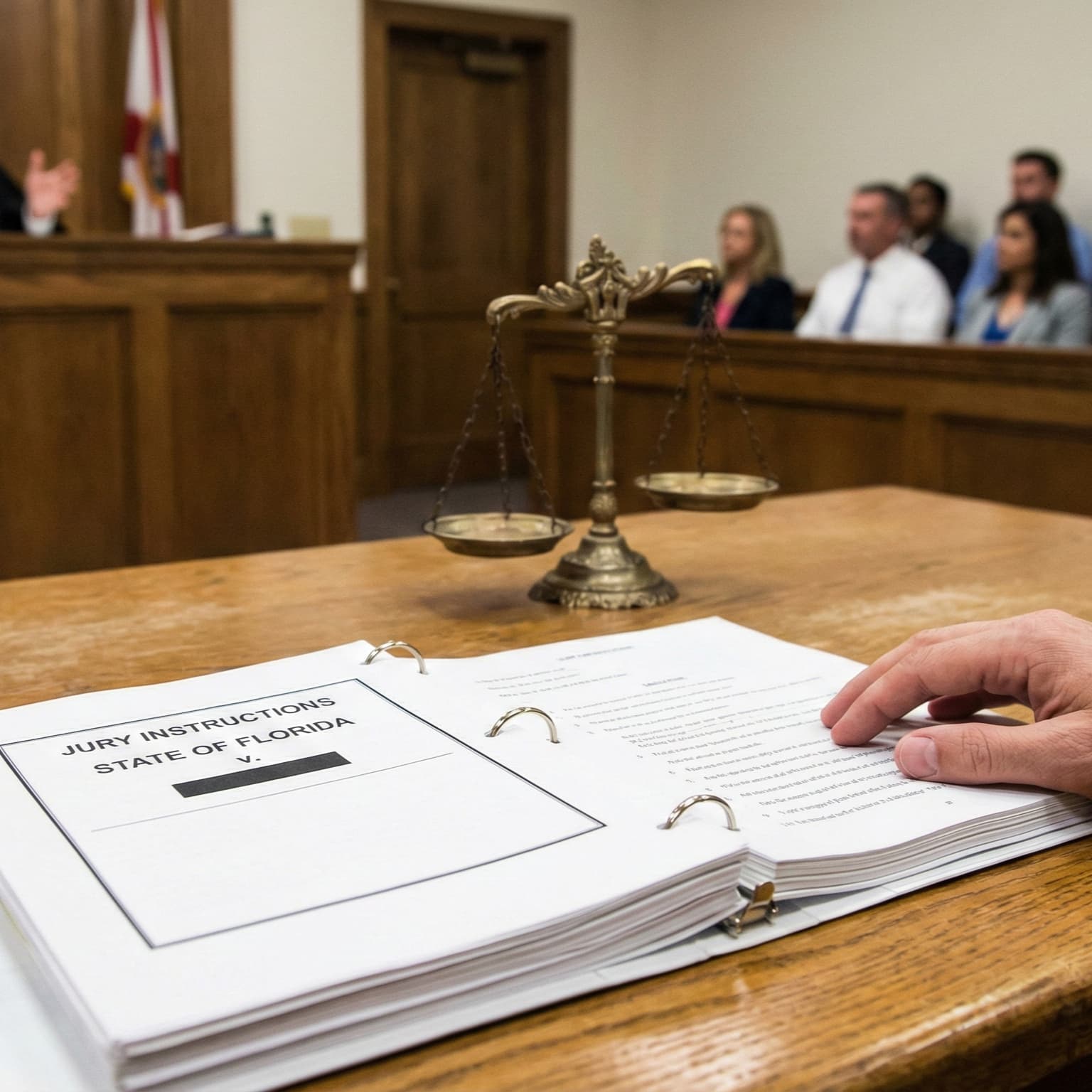 Attorney's hand on the jury instruction page in court