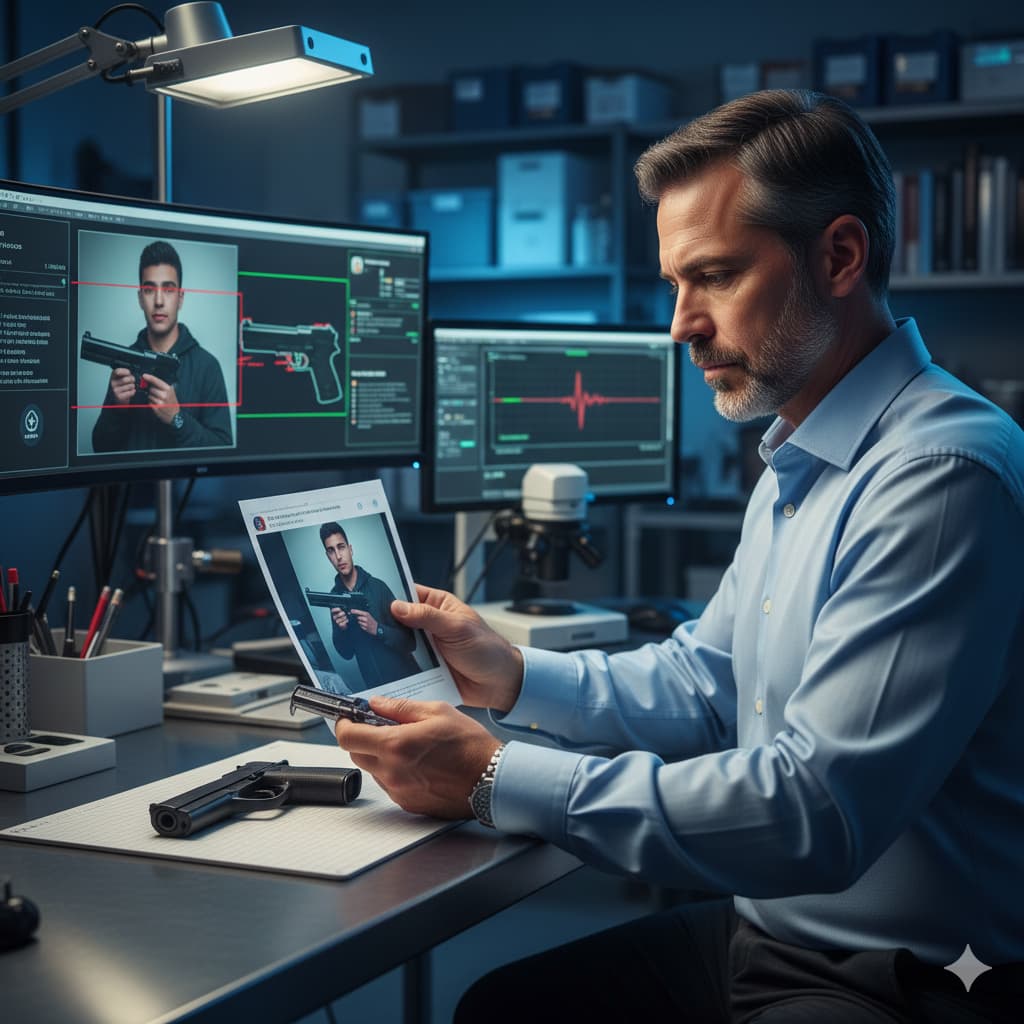 Forensic firearms expert comparing Guns