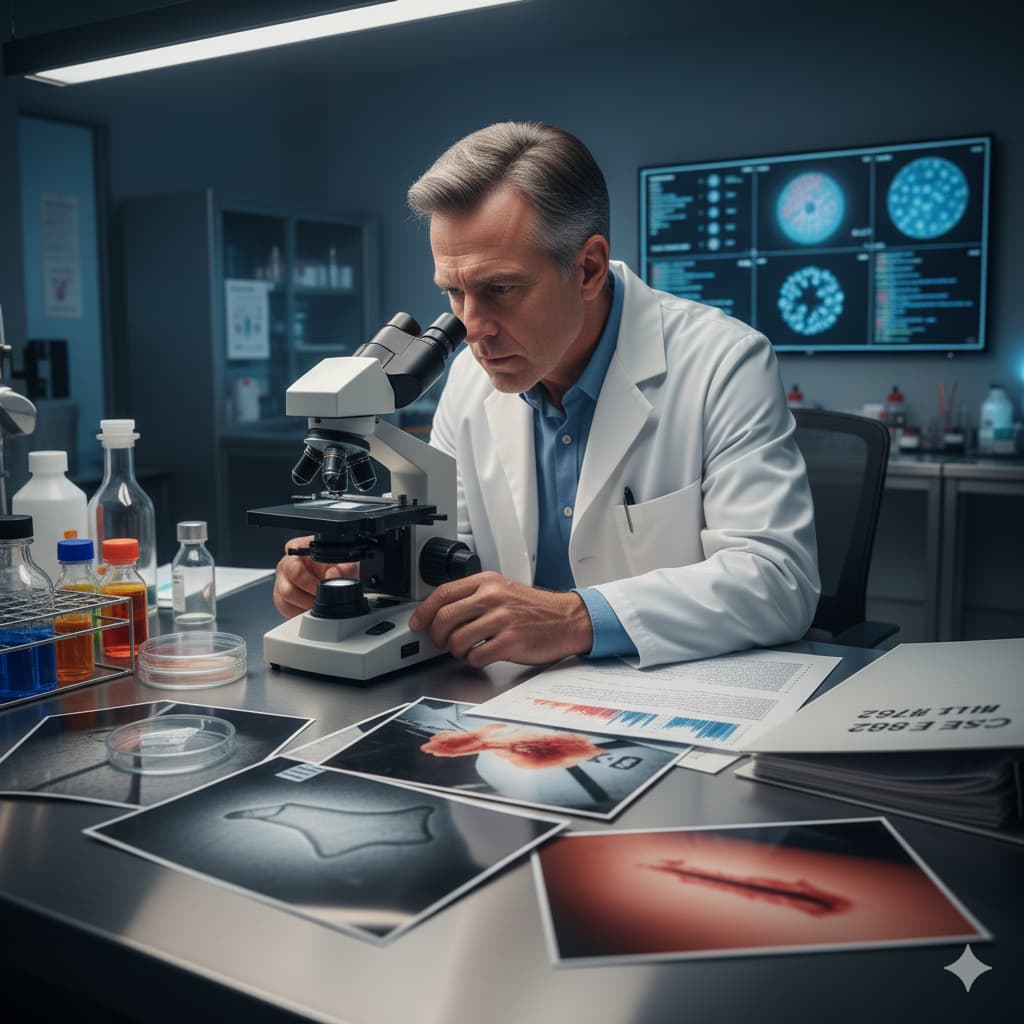 Forensic pathologist looking through microscope with pictures of injuries on his work desk