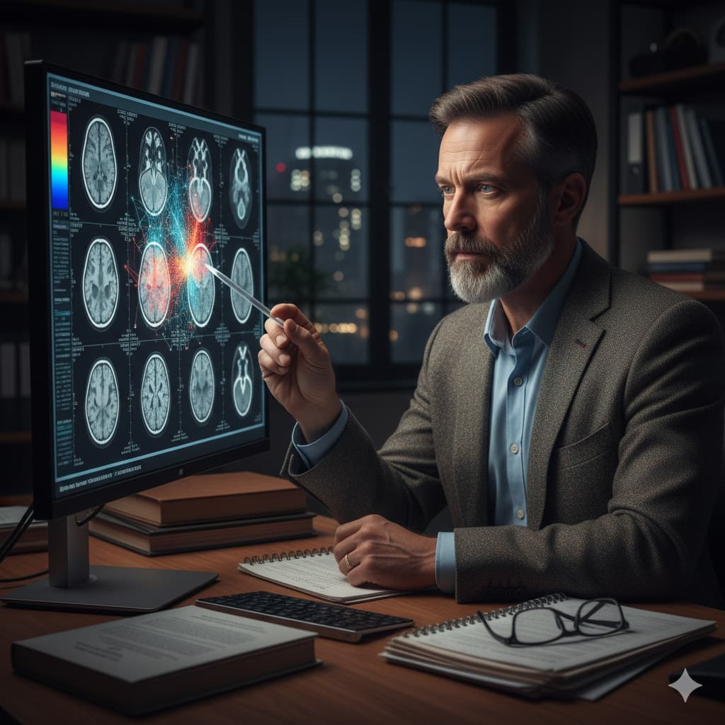 Forensic psychiatrist reviewing brain scans