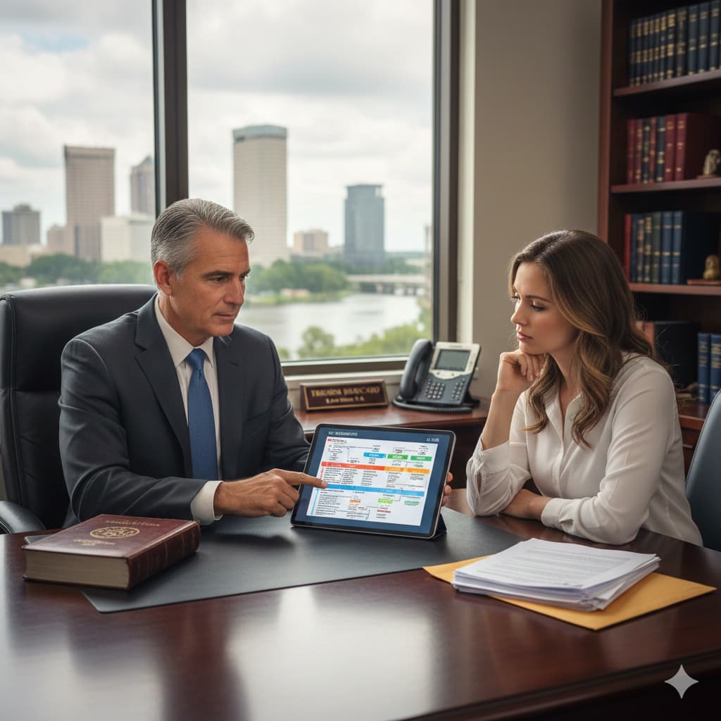 Private attorney going over evidence on iPad with client.