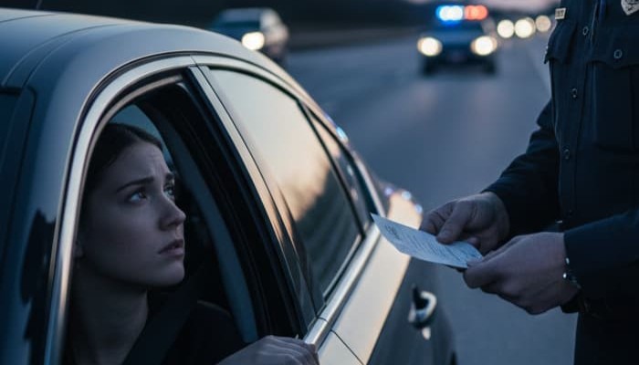 Lady being given a traffic ticket