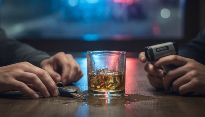 man's hands with keys and a glass of whiskey