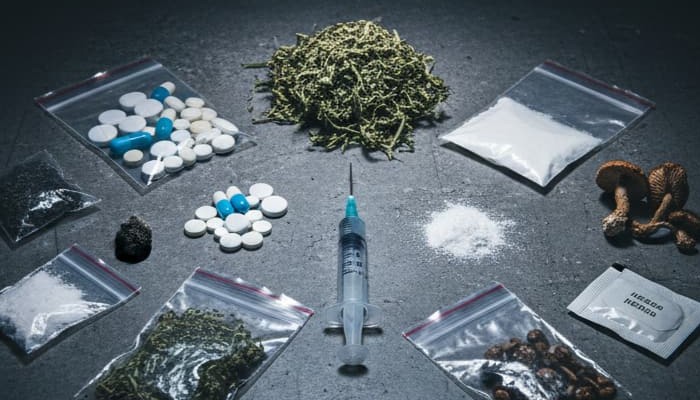 Different types of drugs and paraphernalia on a table