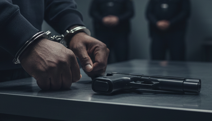 man's hands in cuffs with a gun on the table in a dark room