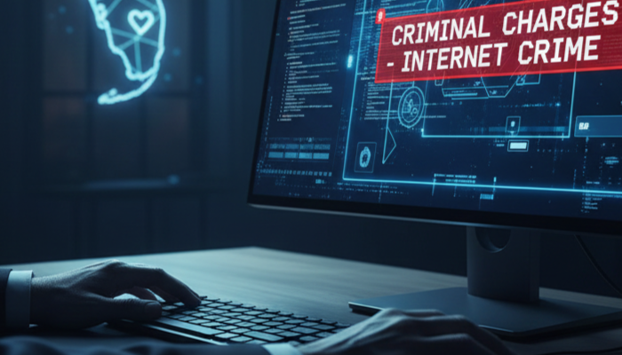 Man's hands on a keyboard with a dark pattern and lettering on a computer screen.