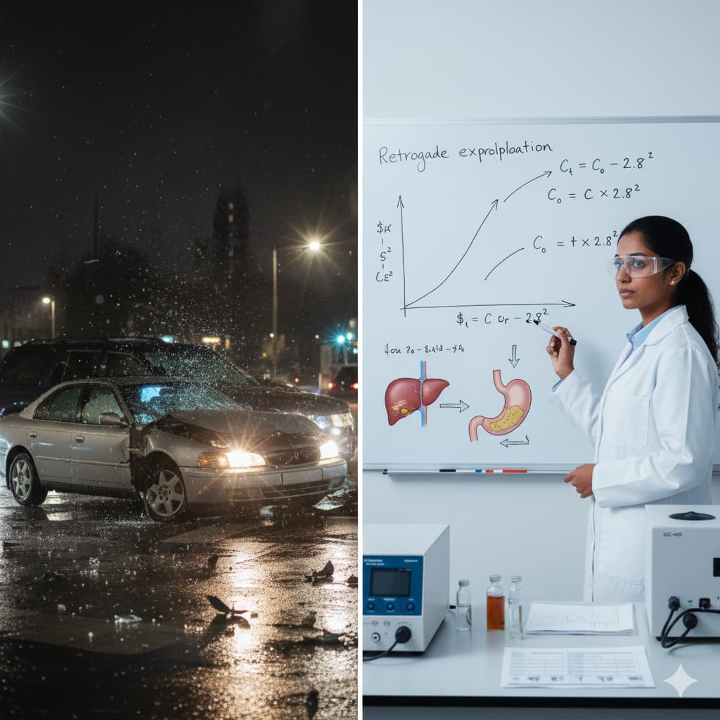 Forensic toxicologist doing retrograde extrapolation and picture of car crash
