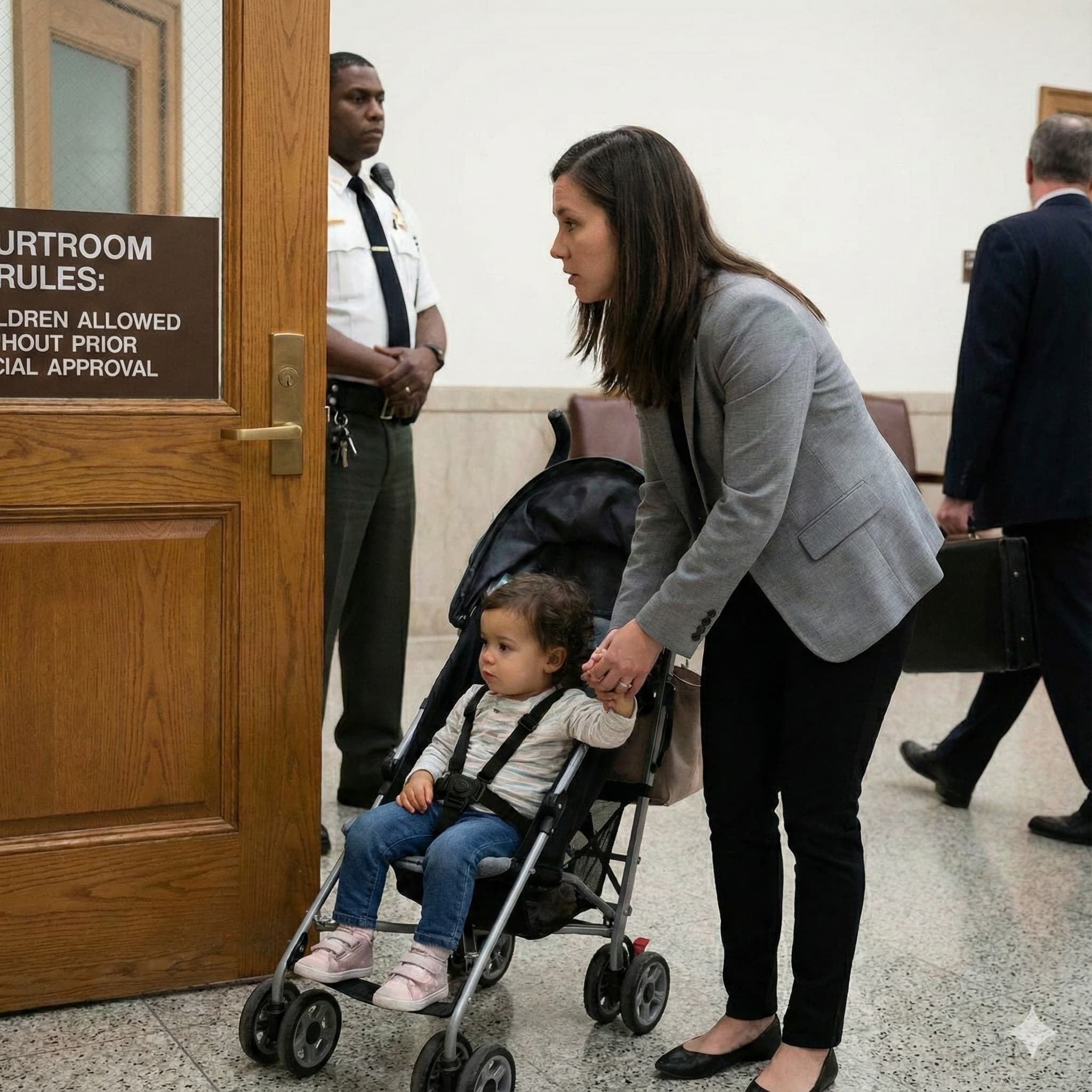 mom with her child in a stroller getting ready to walk into court