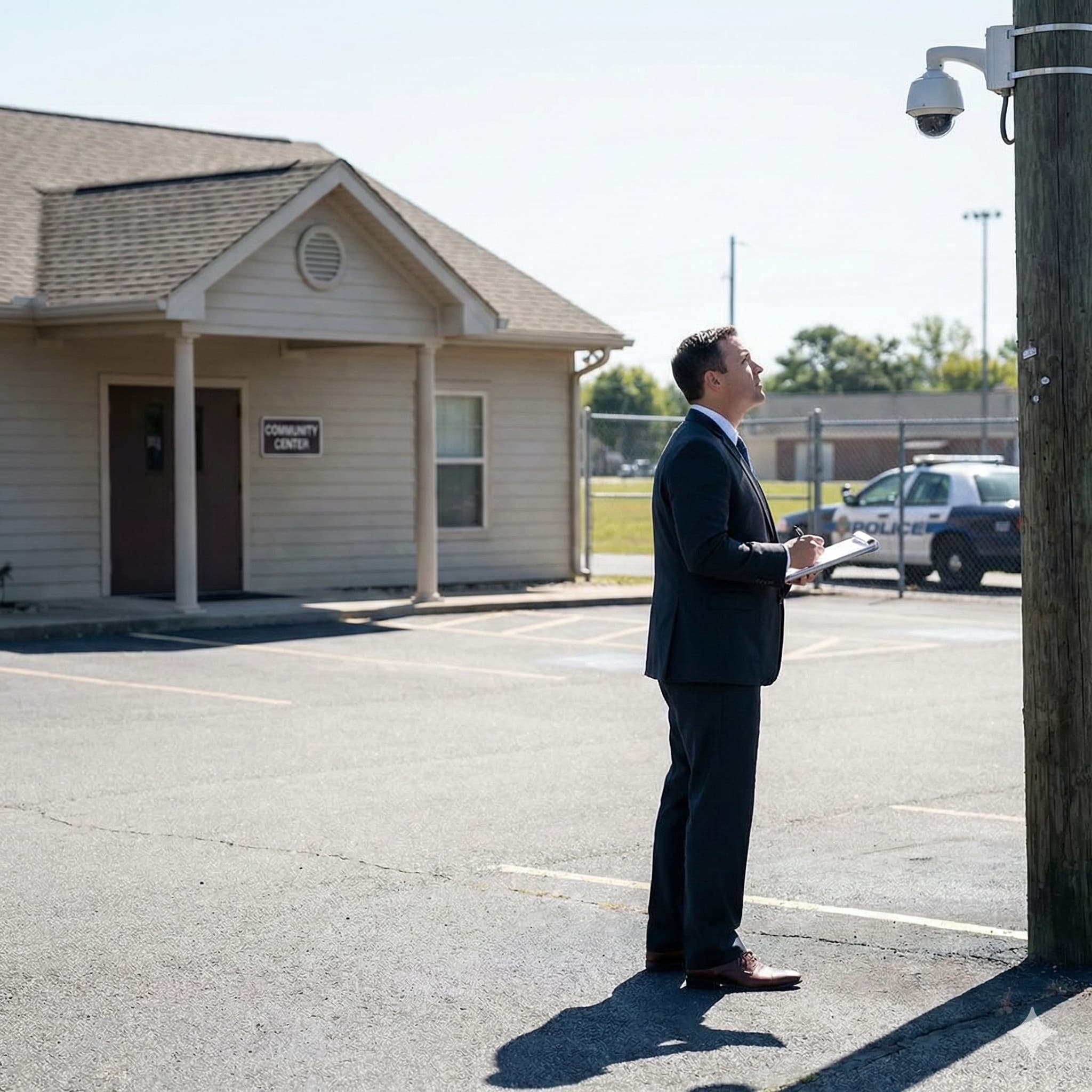 Attorney at crime scene looking at a camera mounted to a pole