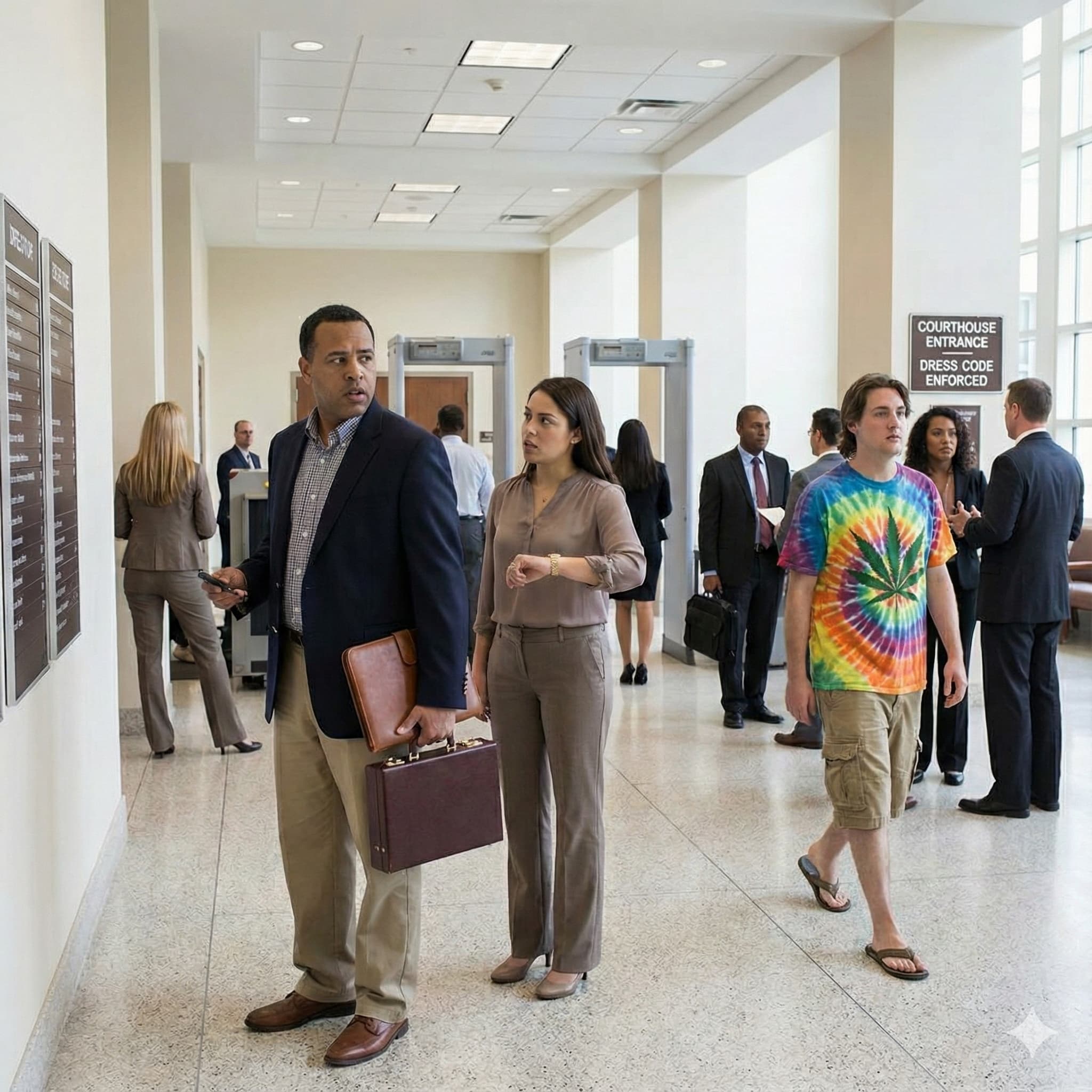 Court hallway with everyone dressed appropriately except guy in tie die marijuana shirt