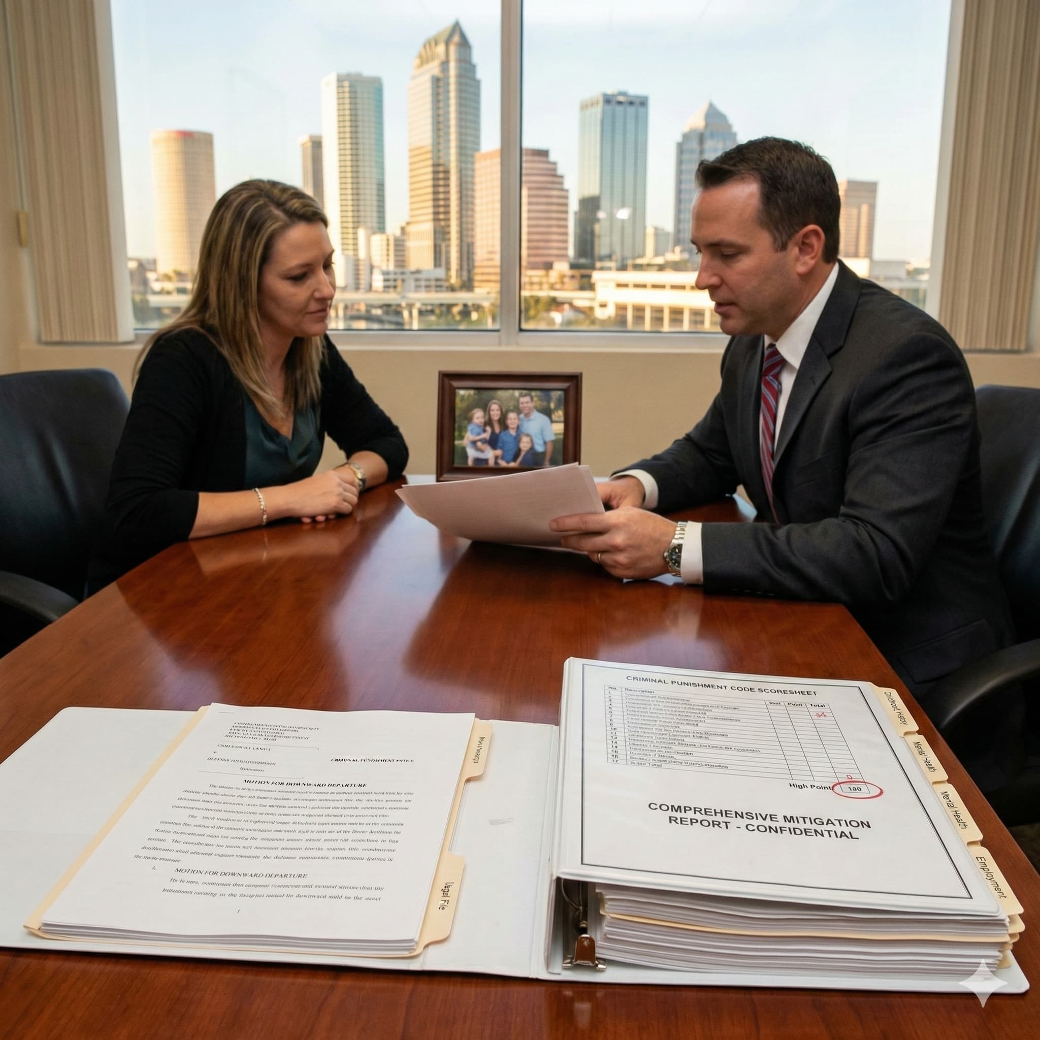 attorney and mitigation specialist at a table