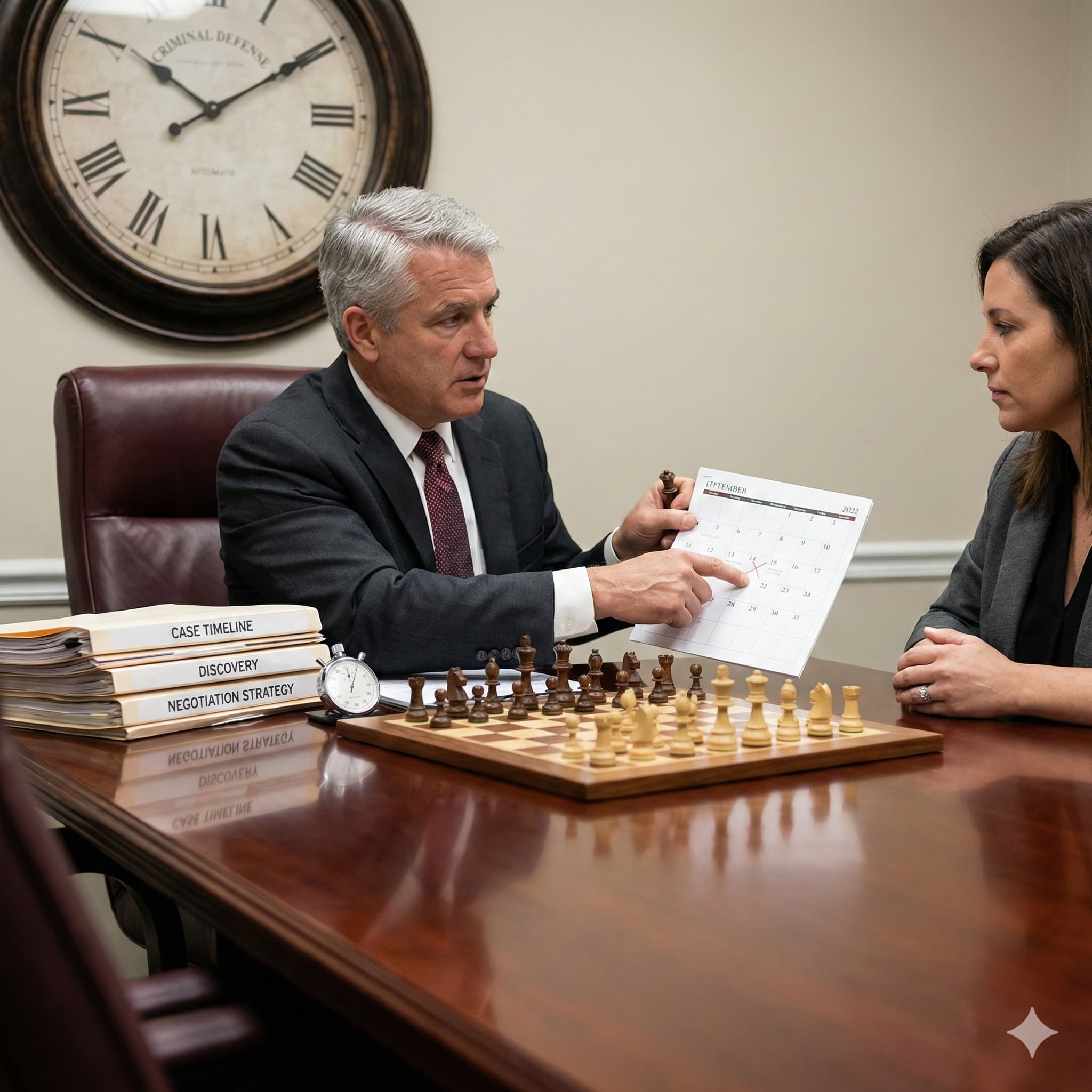 attorneys with a chessboard and clock on the wall