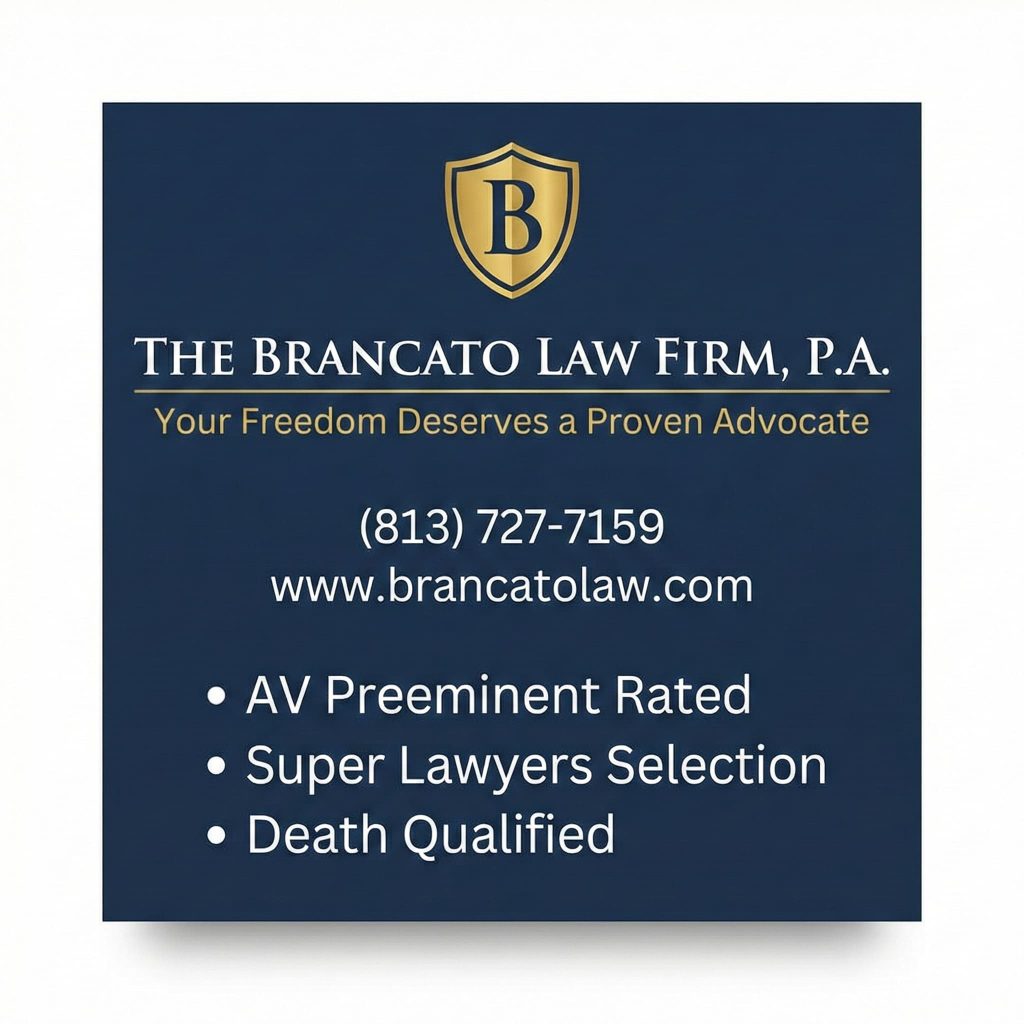 Contact slide for The Brancato Law Firm, P.A. featuring a gold shield logo with the letter 'B'. Text reads: "Your Freedom Deserves a Proven Advocate." Contact info includes phone (813) 727-7159 and website www.brancatolaw.com. Key credentials listed below are AV Preeminent Rated, Super Lawyers Selection, and Death Qualified.