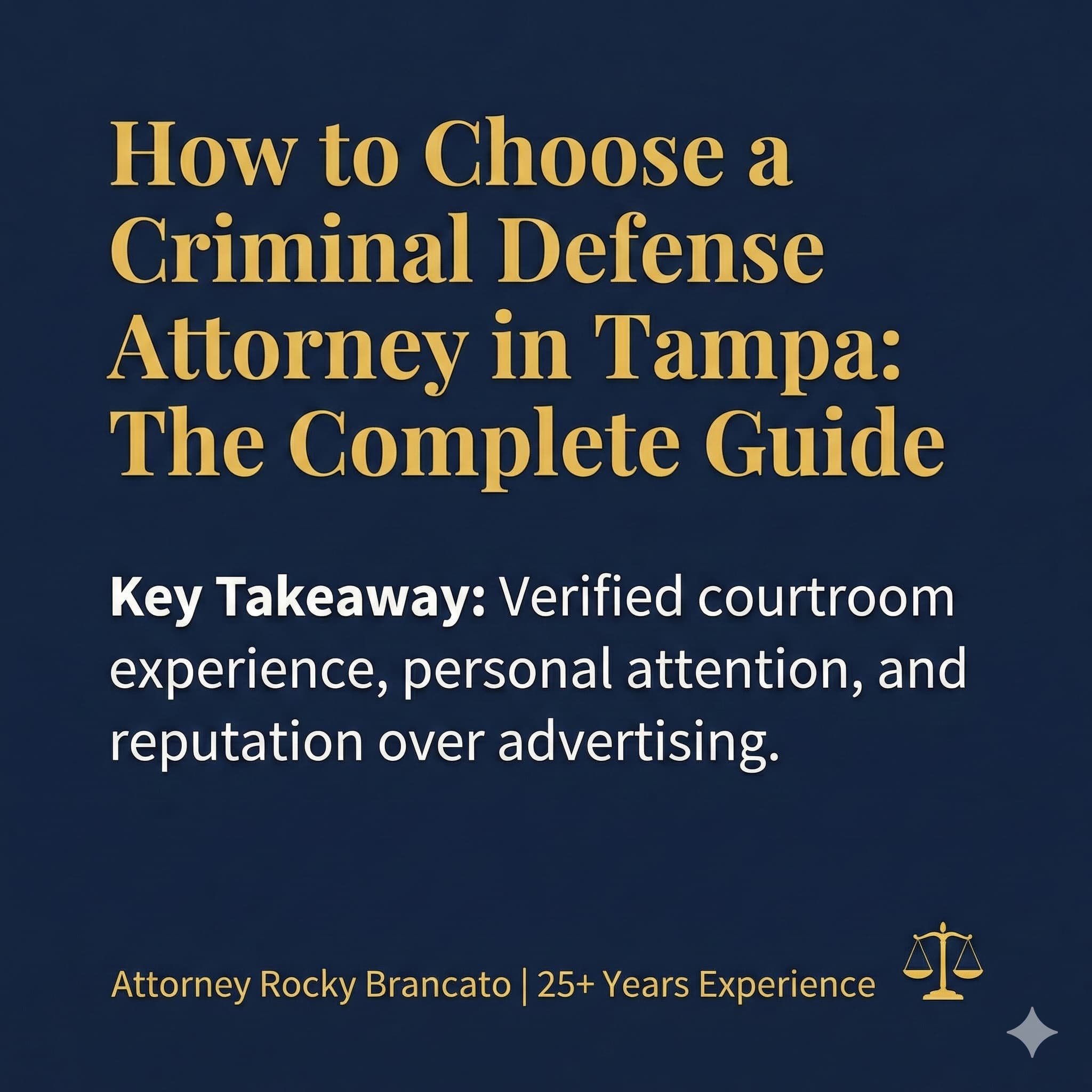 Title slide for a guide on choosing a Tampa criminal defense attorney. Text reads: 